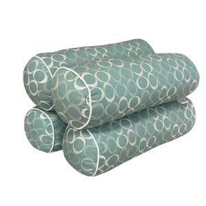 LOT OF 4 SUNBRELLA OUTDOOR BOLSTER LUMBAR PILLOWS AQUA BLUE OVALS MATCHING SET